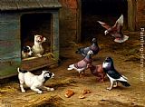 Puppies and Pigeons playing by a Kennel by Edgar Hunt
